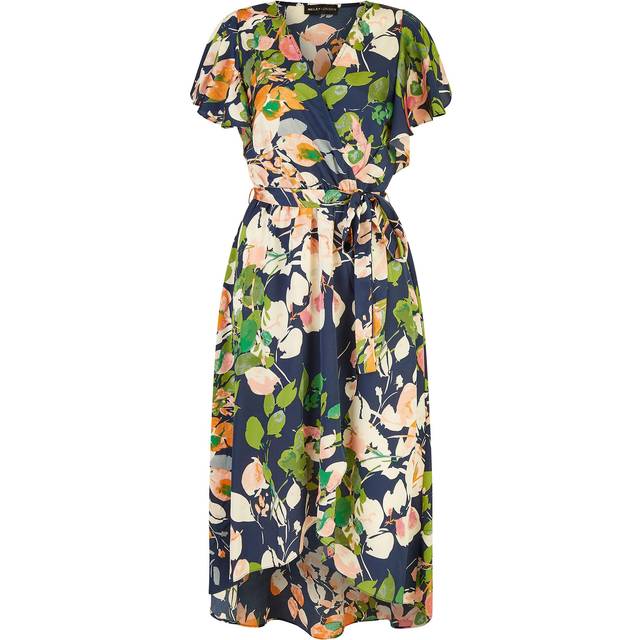 Mela London Womens Navy Floral Satin Wrap Over Midi Dress With Frill Sleeve - Size 8 UK