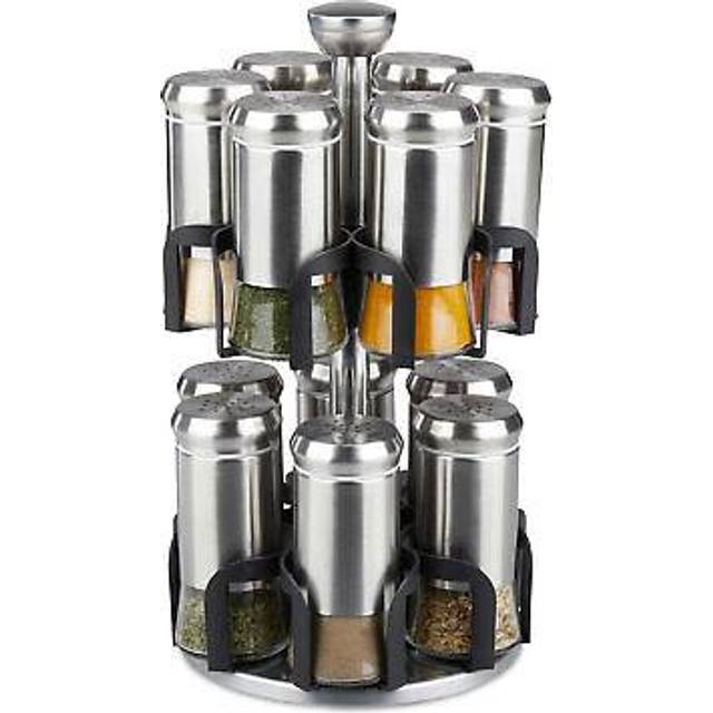 Spice rack, 12 glass jars, stainless steel, rotating, dishwasher-proof, seasoning organiser, silver/black - Relaxdays
