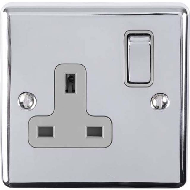 1 Gang Single UK Plug Socket POLISHED CHROME & GREY 13A Switched Power Outlet