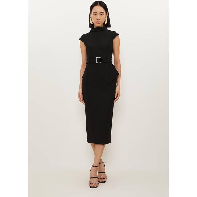 Structured Crepe Roll Neck Peplum Belted Midi Dress - Black