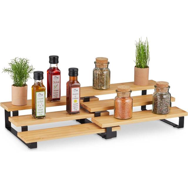 Spice Rack, Pull Out Levels, 3 Tiers, Adjustable, Bamboo, HxWxD: 11.5 x 32 x 24.5 cm, Herb Storage, Natural - Relaxdays