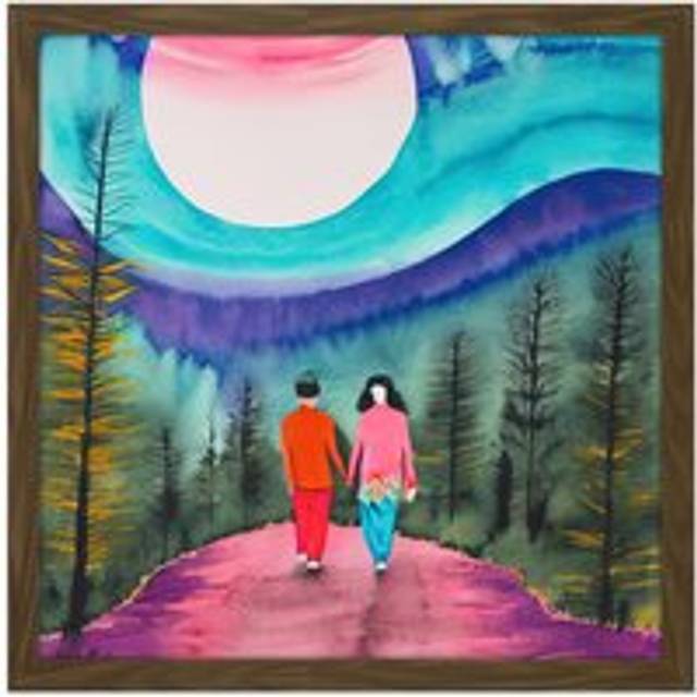Wall Art Print Which Way Now Watercolour Lovers Full Moon Nature Walk Landscape Square Framed Picture 16X16 Inch - Brown - W16 inch x H16 inch