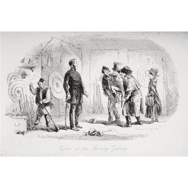 Visitors At the Shooting Gallery. Illustration by Phiz Hablot Knight Browne Poster Print, 36 x 24