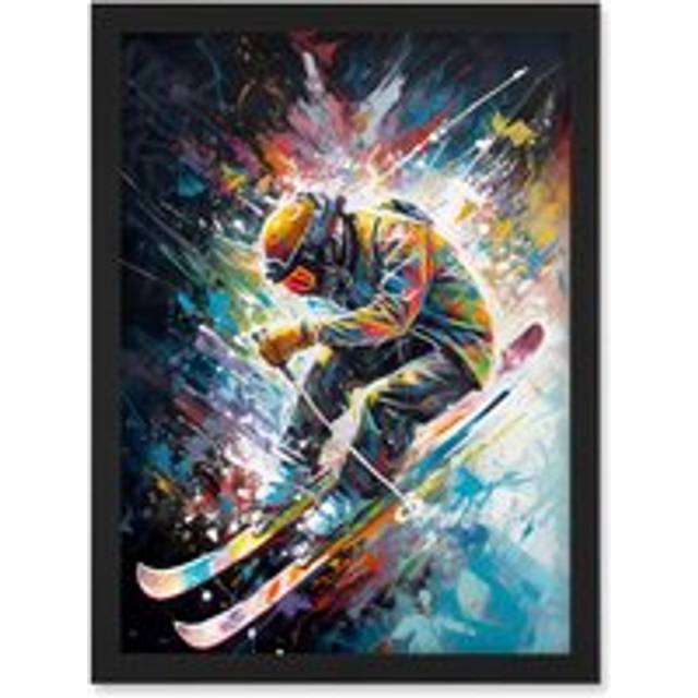 Skier Skiing Vibrant Splatter Art Motion Painting Artwork Framed Wall Art Print A4 - Black - One Size