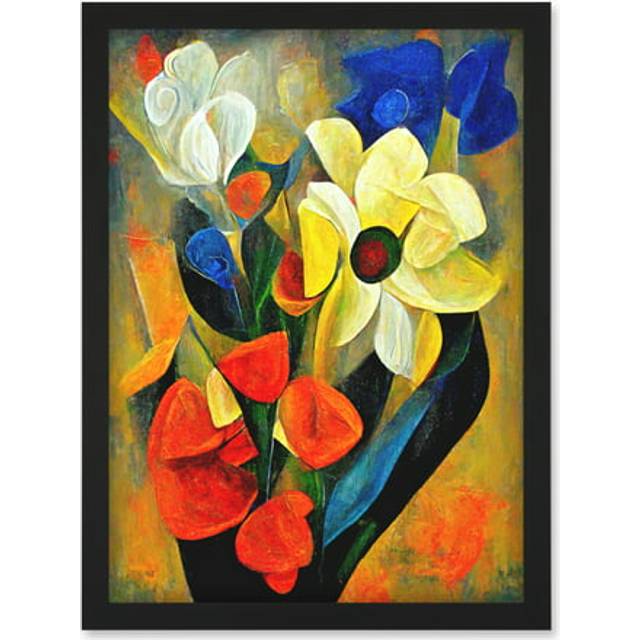 Cubist Abstract Flower Bouquet Still Life Oil Painting Artwork Framed Wall Art Print A4 - Black - One Size