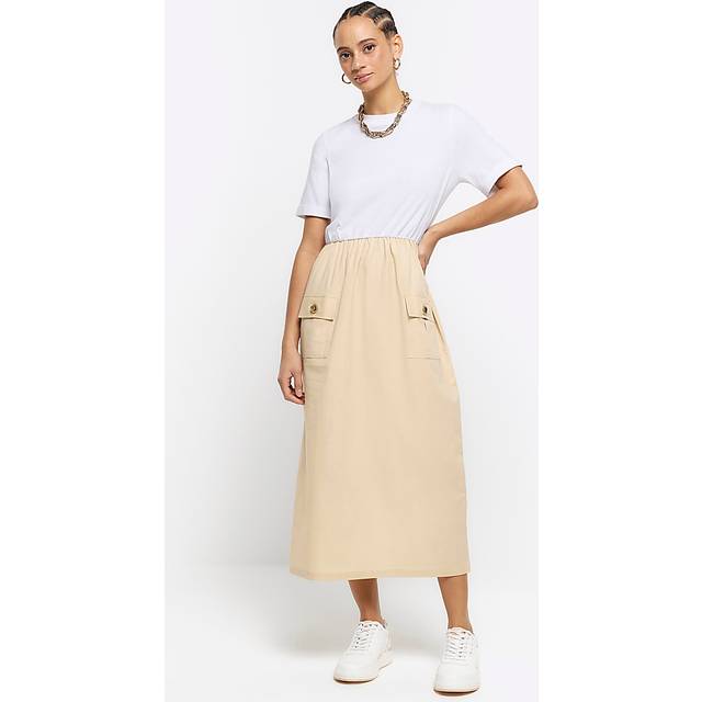 River Island Womens Midi T-shirt Dress Beige Utility Hybrid Cotton - Size 6 UK