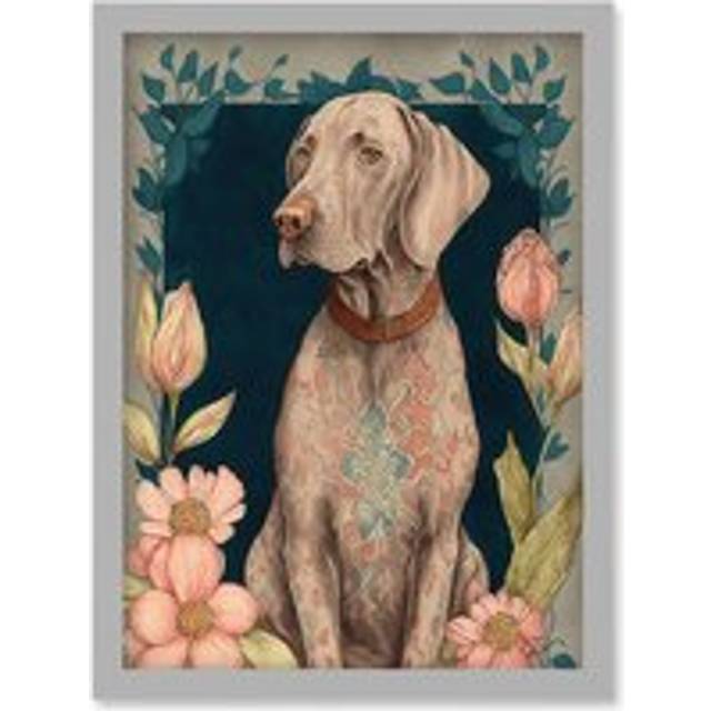 Grey Weimaraner Dog with Ornate Pattern Fur Coat and Flowers Modern Art Nouveau Illustration Artwork Framed Wall Art Print A4 - One Size
