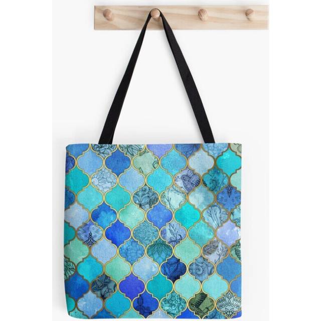 Tote Bags Cobalt Blue, Aqua Gold Decorative Moroccan Tile Pattern Grocery for School Library Gym