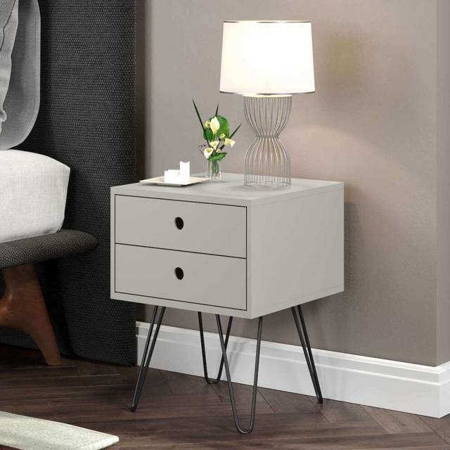 Bedside cabinet side table grey nightstand with 2 storage drawers metal legs