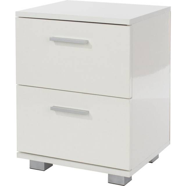 Bedside Cabinet Table High Gloss Finish White Nightstand 2 Drawers Metal Feet