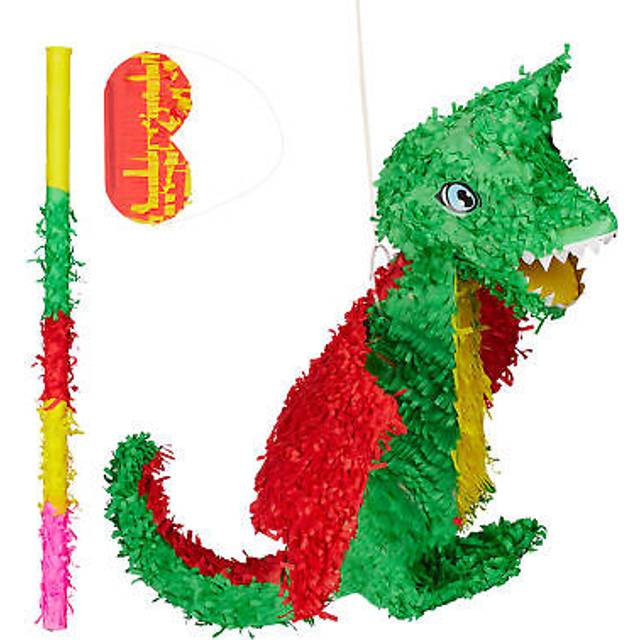 Relaxdays - Dragon Pinata, Set, Blindfold & Bat, 3-Piece, Children, Birthday, Hang Up, Fillable, Party, Colourful