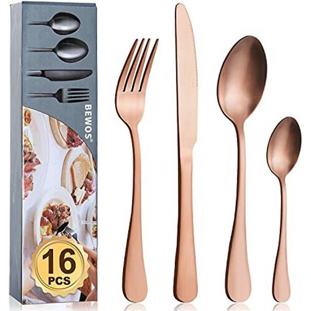 Cutlery Set, BEWOS 16-Piece Stainless Steel Flatware Set, Tableware Silverware Set with Matt Rose Gold Spoon Knife and Fork Set, Service for 4,