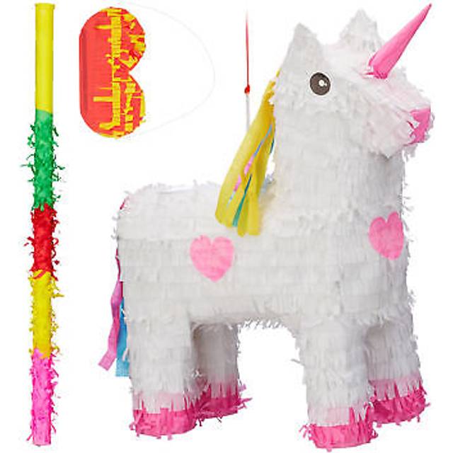 Relaxdays - Unicorn Pinata, Set Inc. Blindfold & Bat, 3-Piece, Children, Birthday, Hang Up, Fillable, Party, White/Pink