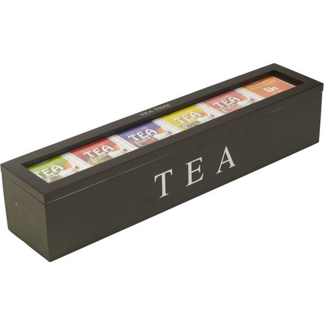 (Black) Wooden Tea Box | With 6 Compartments Glass