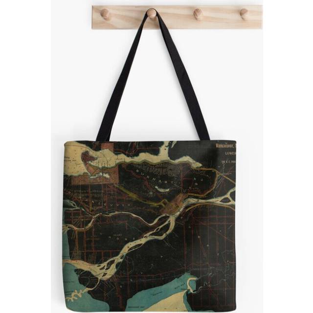 Tote Bags Map of Vancouver, New Westminster, Steveston and the Lower Mainland District in black and blue Grocery for School Library Gym