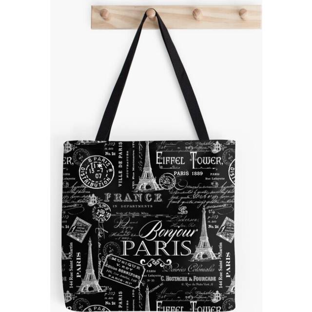 Tote Bags Vintage Paris French Lifestyle With Eiffel Tower Black And White Allover Pattern Grocery for School Library Gym