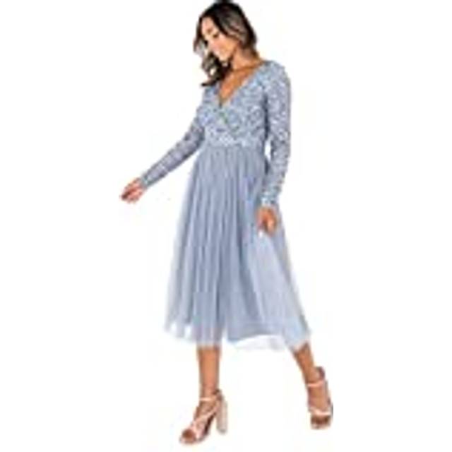 Faux Wrap Embellished Long Sleeve Midi Dress - Blue - 20