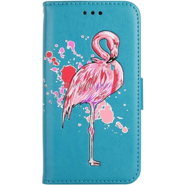 For Galaxy A8 (2018) Flamingo Print Horizontal Flip Leather Case with Holder & Wallet & Card Slots & Photo Frame(Blue)