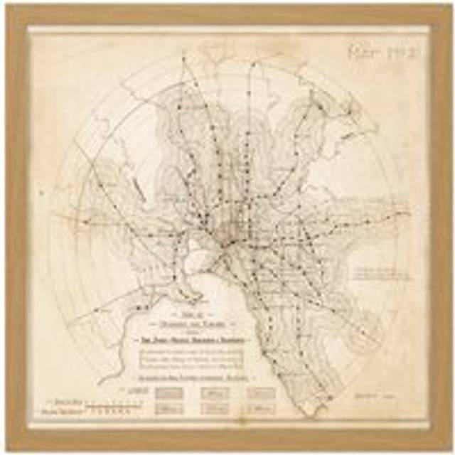 Wall Art Print Map Transport Mmtb 1922 Melbourne Trams Trains Replica Square Framed Picture 16X16 Inch - Tan - W16 inch x H16 inch