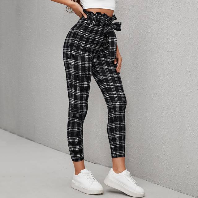 SHEIN Plaid Knot Front Frill Trim Trousers