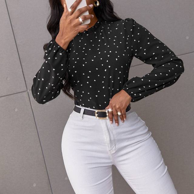 Dazign Confetti Heart Print Bishop Sleeve Frilled Neck Blouse,Long Sleeve Tops