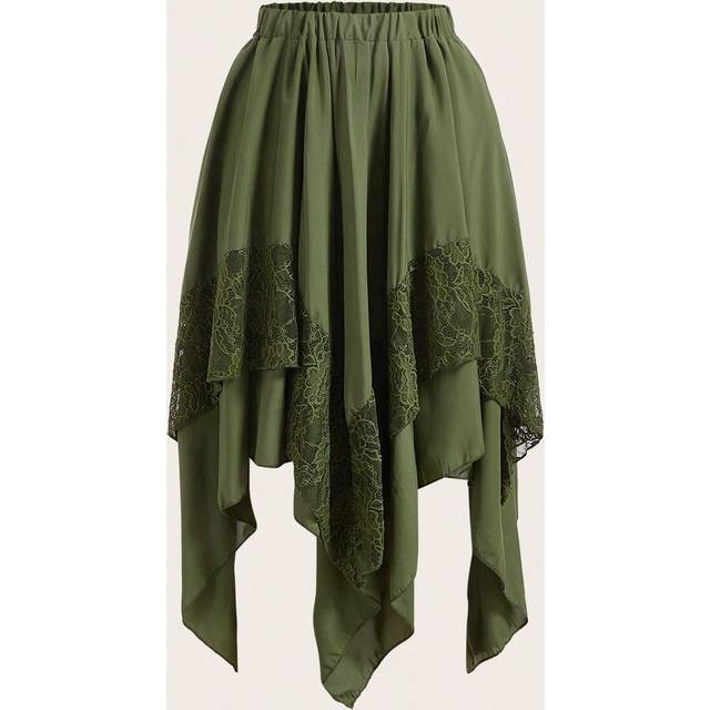 ROMWE Renaissance Contrast Lace Hanky Hem Skirt, Ladies Casual Asymmetrical,Contrast Lace Long Loose High Waist Green Plain Women Skirts,Spring/Summer,Casua