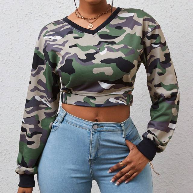 Kamouflage Mönster Nedhasade aclar Beskuren Sweatshirt - Multifärgad (L,M,S,XL)