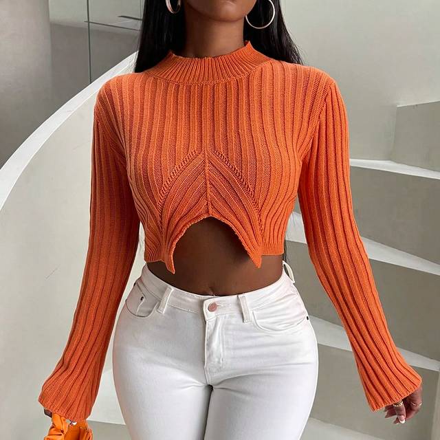VaVaBold Mock Neck Split Hem Crop Sweater