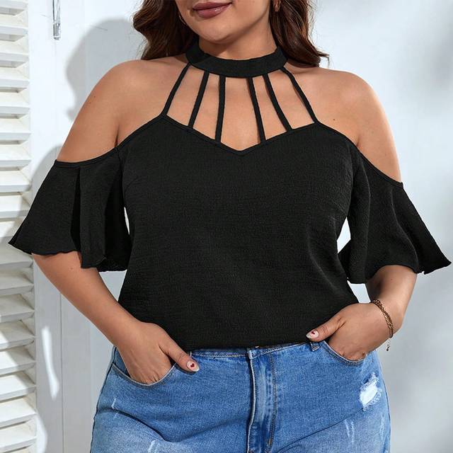 SHEIN Plus Cut Out Cold Shoulder Flutter Sleeve Blouse