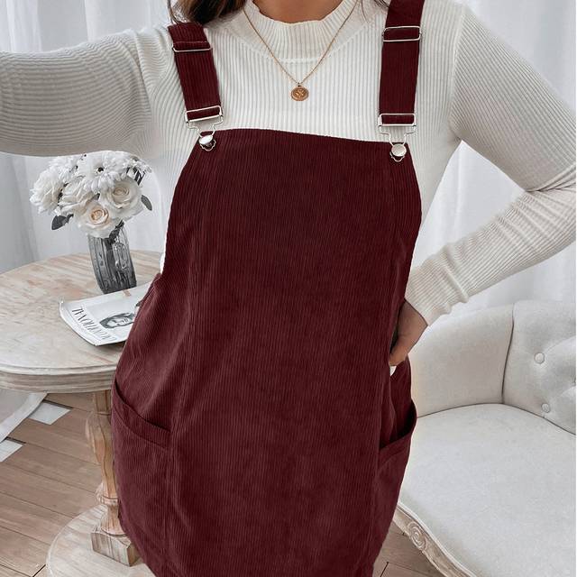 Flirla Plus Patched Pocket Cord Pinafore Dress Without Tee