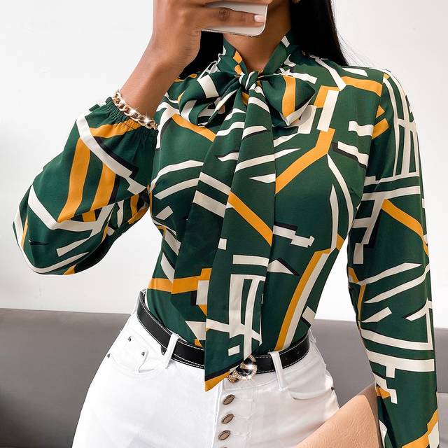 SOLERSUN Geo Print Tie Neck Blouse,Long Sleeve Tops