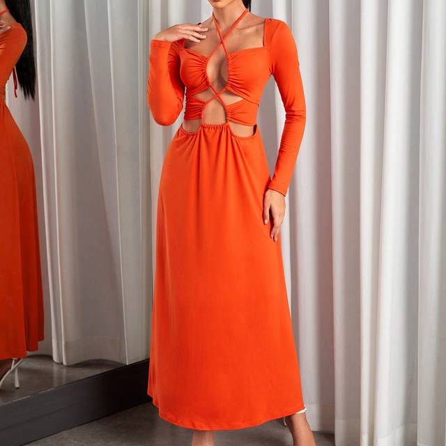 Utskuren Crisscross Knytning Bak Klänningar - Bränd Orange (L,M,S,XL)