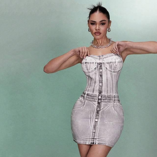 SHEIN Sexy Stretch Women&#39;s Denim Tube Top Mini Dress&Bodycon Dress&Music Festival