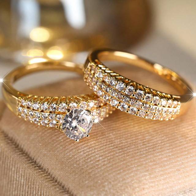 SHEIN 1pc Fashionable Round Gold Plated Cubic Zirconia Vintage Promise Engagement Ring, Suitable As Women&#39;s Gift