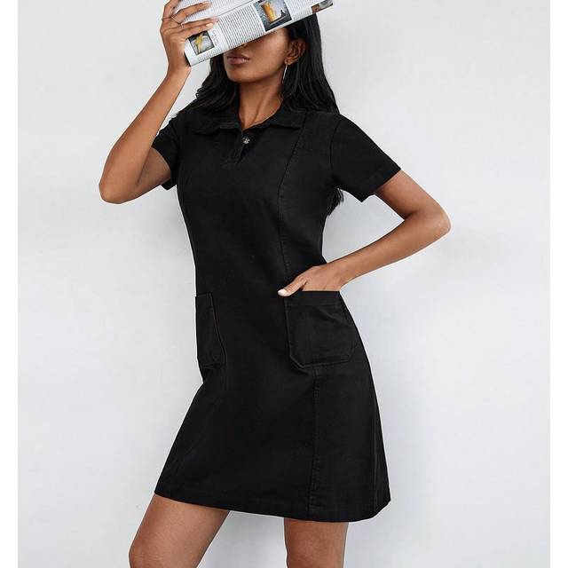 SHEIN Polo Neck Pocket Patched Denim Dress