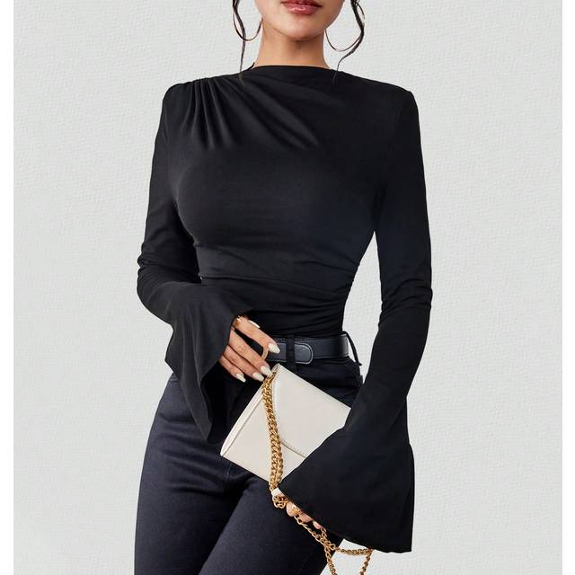Calvaya Solid Ruched Front Flare Sleeve Tee