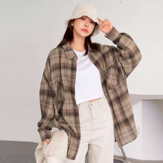 DAZY Tartan Pocket Front Drop Shoulder Blouse,Long Sleeve Tops