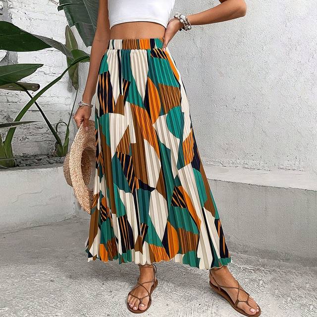 Breezaya Geo Print Pleated Skirt Maxi Vacation Beach Outfits Women