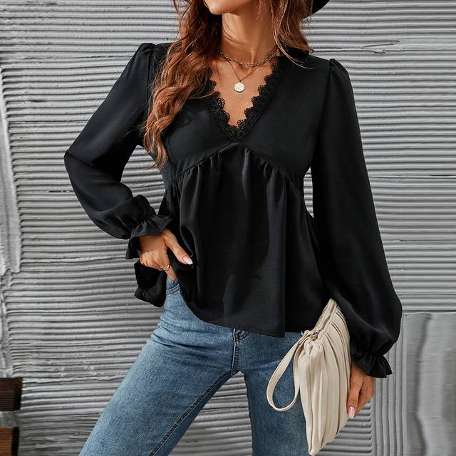 Serisse Guipure Lace Trim Flounce Sleeve Peplum Blouse,Long Sleeve Tops