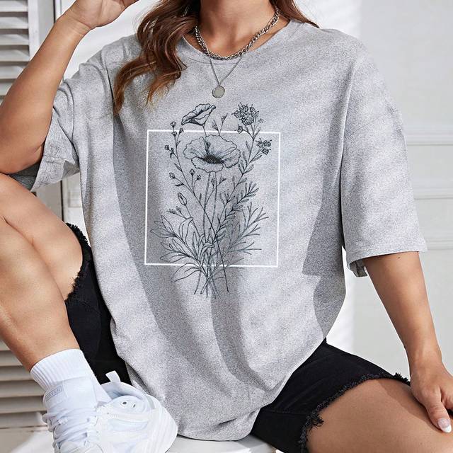 INAWLY Floral Print Drop Shoulder Tee Graphic Tees Women Tops