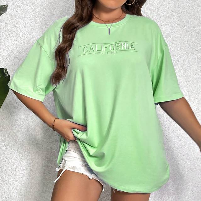 SHEIN Plus Letter Embroidery Drop Shoulder Tee