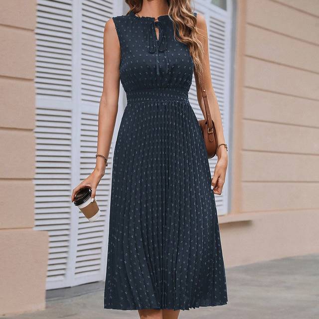 SHEIN Swiss Dot Tie Neck Pleated Hem Dress Maxi Women Outfit