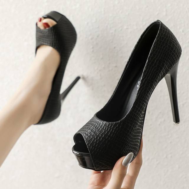 SHEIN Crocodile Embossed Platform Peep Toe Stiletto Heeled Court Pumps