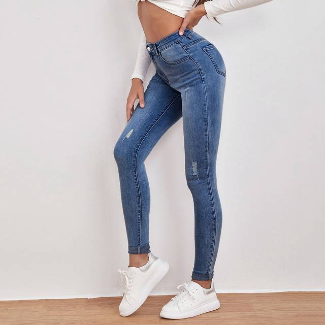 SHEIN High Waist Ripped Detail Skinny Jeans