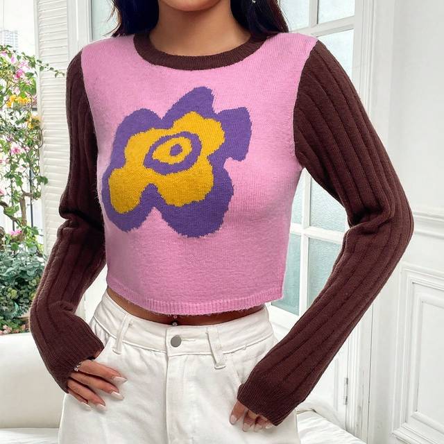 Flirla Floral Pattern Colourblock Crop Jumper
