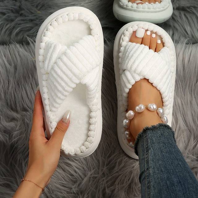 SHEIN Women Lightweight Anti Slip Criss Cross Home Slippers, Fashionable White Bedroom Slippers