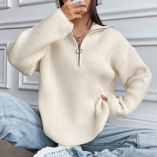 Flirla Half Zip Ribbed Knit Drop Shoulder Sweater,Long Sleeve Tops