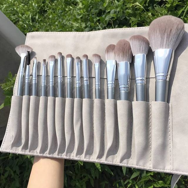 SHEIN Gray 14 Makeup Brushes Complete Set Of Soft Brush Plus Leather Portable Makeup Storage Jack Leather Bag Set Set Of Eye Shadow Brush Loose Powder Found