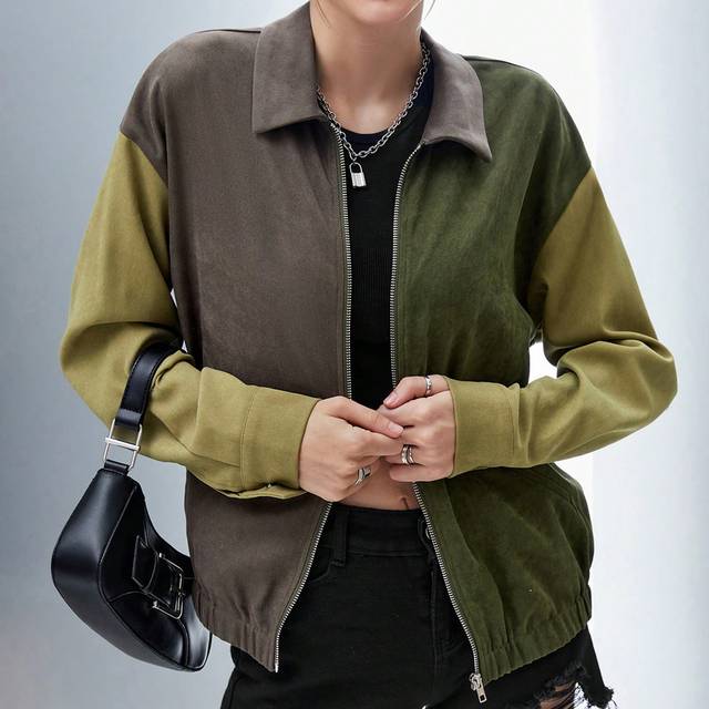 Flirla Colorblock Zip Up Drop Shoulder Jacket