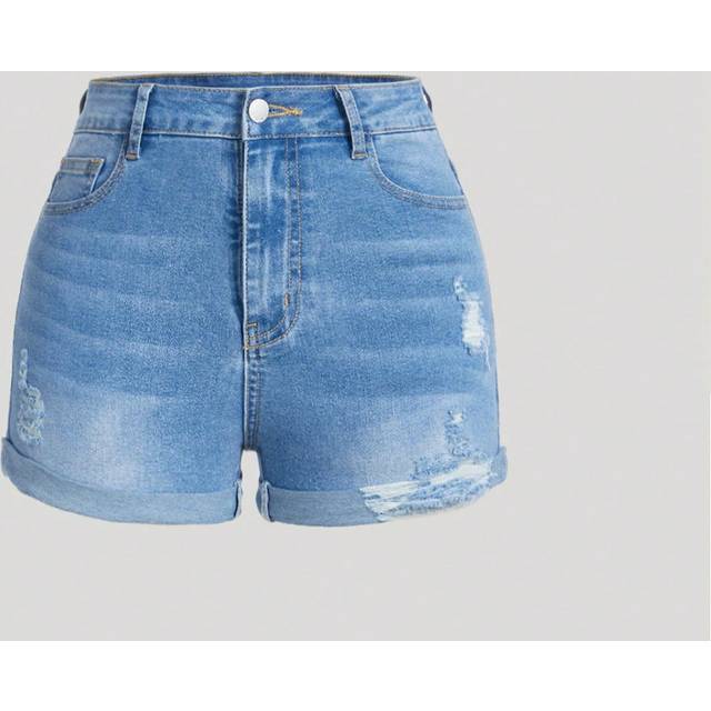 SHEIN Teen Girls&#39; High Waist Stonewashed Ripped Rolled Hem Denim Jeans Shorts,Spring Summer Beach Washed Girls Clothes